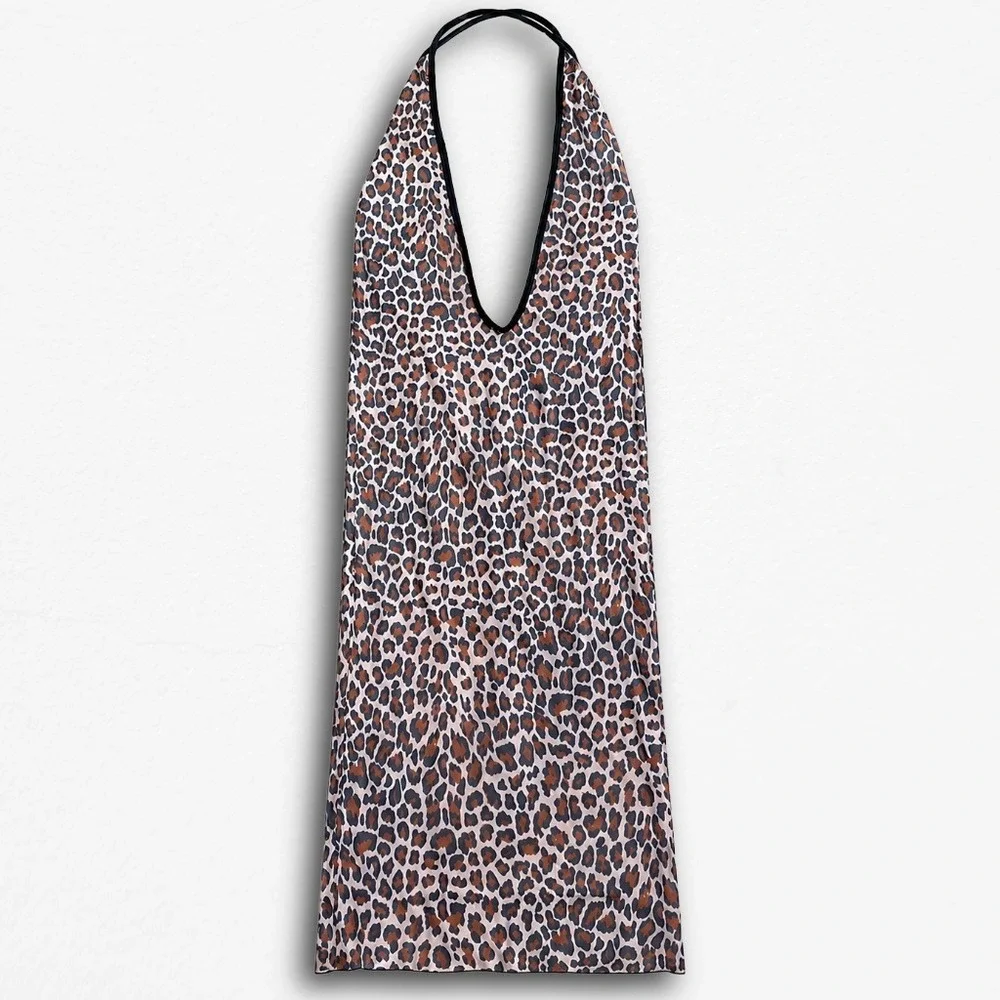 Elegant Moments Leopard Print Halter Chemise Nightgown Deep V Neck‎ Brown Black